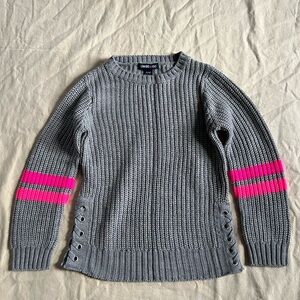 Universal Thread Gray Crewneck Sweater with Hot Pink Sleeve Stripes